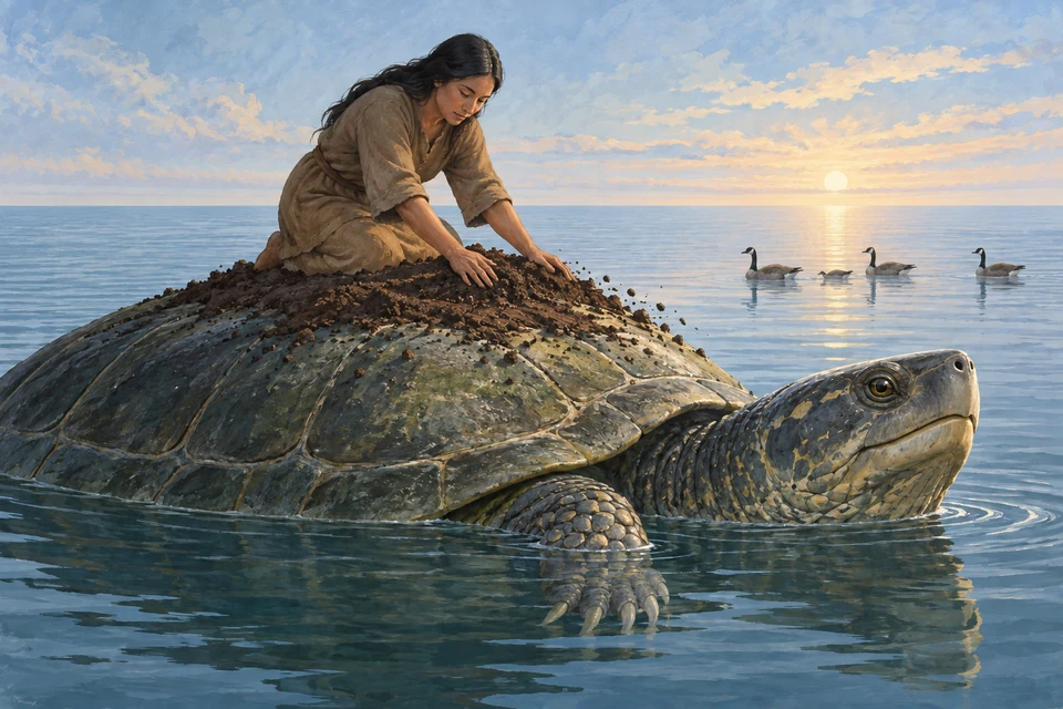 Eine Frau kniet auf dem Rücken einer riesigen Schildkröte und breitet mit beiden Händen Erde aus; Gänse schwimmen auf der offenen Wasserfläche.