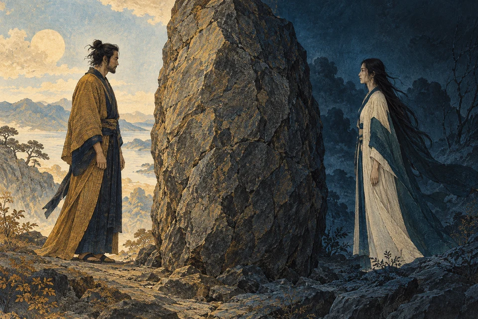Izanagi links im Tageslicht und Izanami rechts im blauen Schatten stehen einander gegenüber. Zwischen den bekleideten Gestalten versperrt ein großer Felsen den Weg.