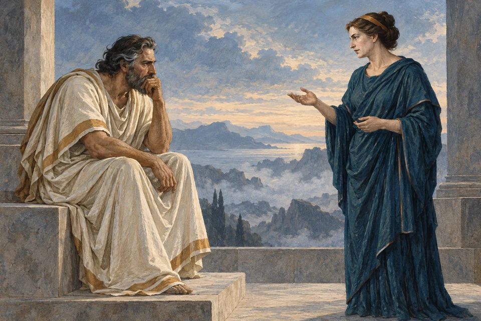 Zeus sitzt links in hellem Gewand, eine Hand am Kinn. Hera steht rechts in dunklem blaugrünem Gewand und spricht mit einer geöffneten Hand. Zwischen ihnen liegt der Blick in eine weite Landschaft.