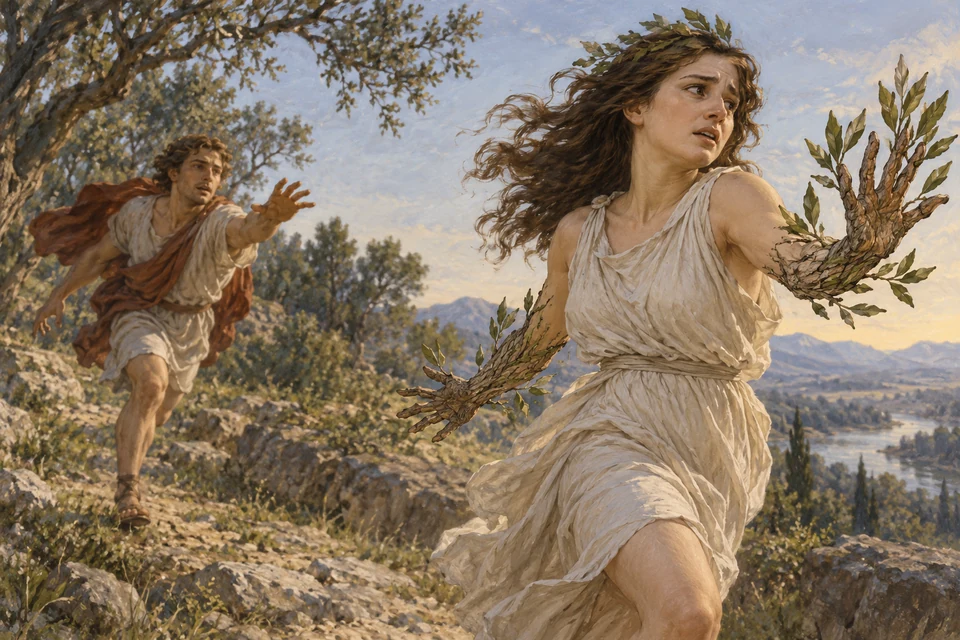 KI-Illustration nach Ovid: Verwandlung und Abstand zum Verfolger. Keine Darstellung gegenseitiger Liebe oder Zustimmung.