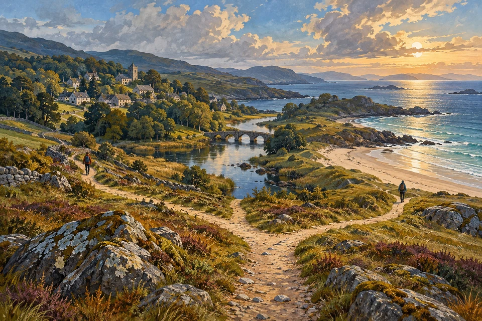Ein verzweigter Fußweg führt durch eine erfundene Küstenlandschaft zu Flussbrücke, Siedlung und Meer. Zwei weit voneinander entfernte Wandernde geben dem weiten Bild einen Maßstab.