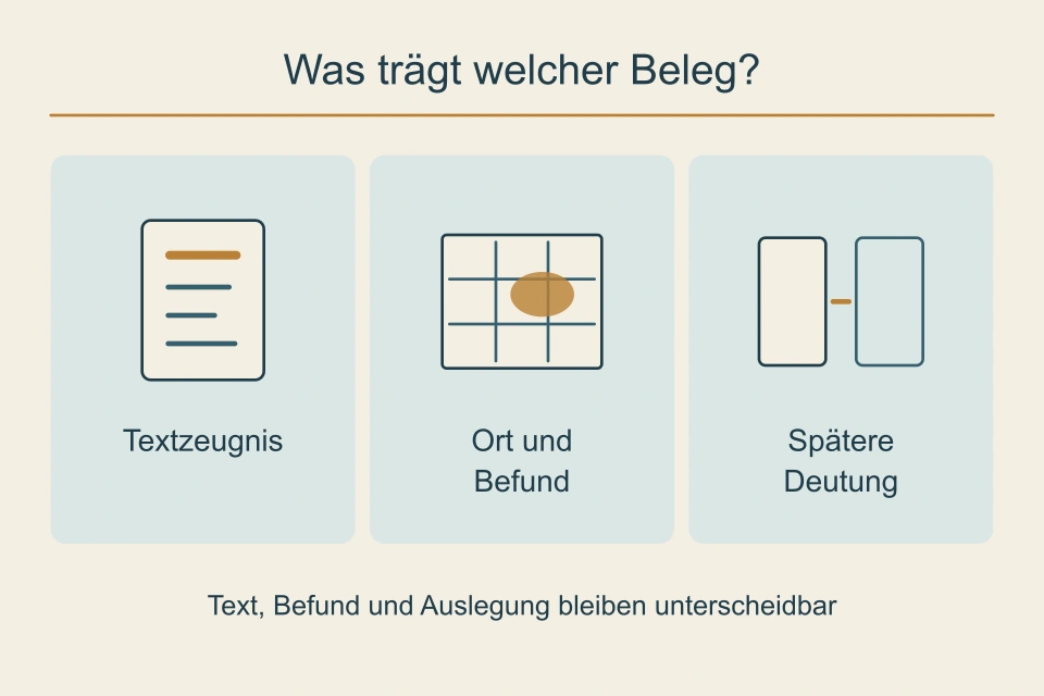 Drei Felder unterscheiden Textzeugnis, Ort und Befund sowie spätere Deutung durch ein schematisches Blatt, ein Grabungsraster und zwei Vergleichstafeln.