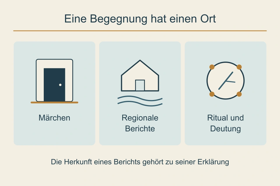 Drei getrennte Felder zeigen eine Türschwelle, ein Haus mit Wasserlinien und einen schematischen Jahreskreis; sie unterscheiden Märchen, regionale Berichte und Ritualdeutung.