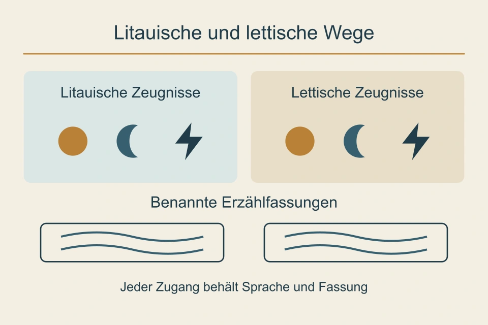 Zwei getrennte Felder für litauische und lettische Zeugnisse enthalten schematische Sonne, Mondsichel und Blitz; darunter stehen zwei unverbundene Wellenfelder für benannte Erzählfassungen.