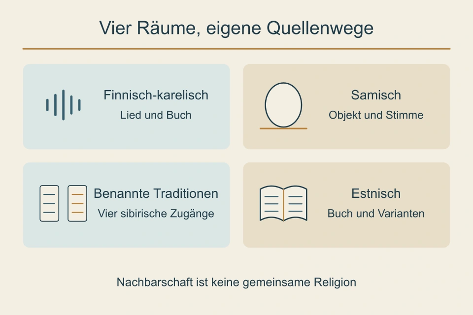 Vier getrennte gleich große Felder: finnisch-karelisches Lied und Buch, samisches Objekt und Stimme, benannte sibirische Zugänge sowie estnisches Buch und Varianten.