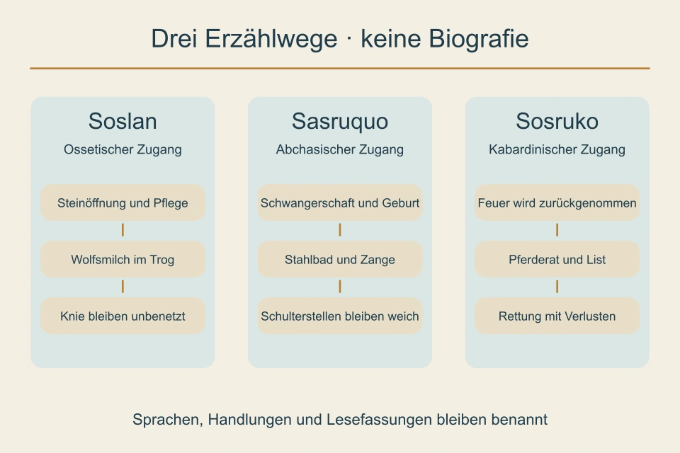 Drei Spalten trennen Soslans ossetische Härtung, Sasruquos abchasische Geburt und Sosrukos kabardinische Feuerballade.