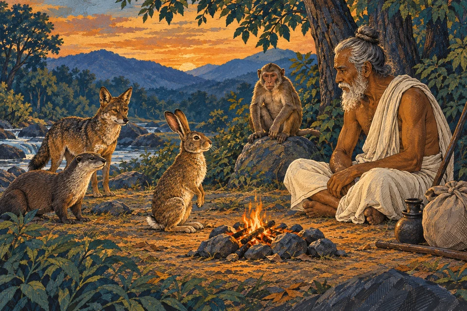 Ein Hase sitzt neben einem kleinen Feuer einem älteren Mann gegenüber. Otter, Schakal und Affe beobachten die ruhige Begegnung im Wald.