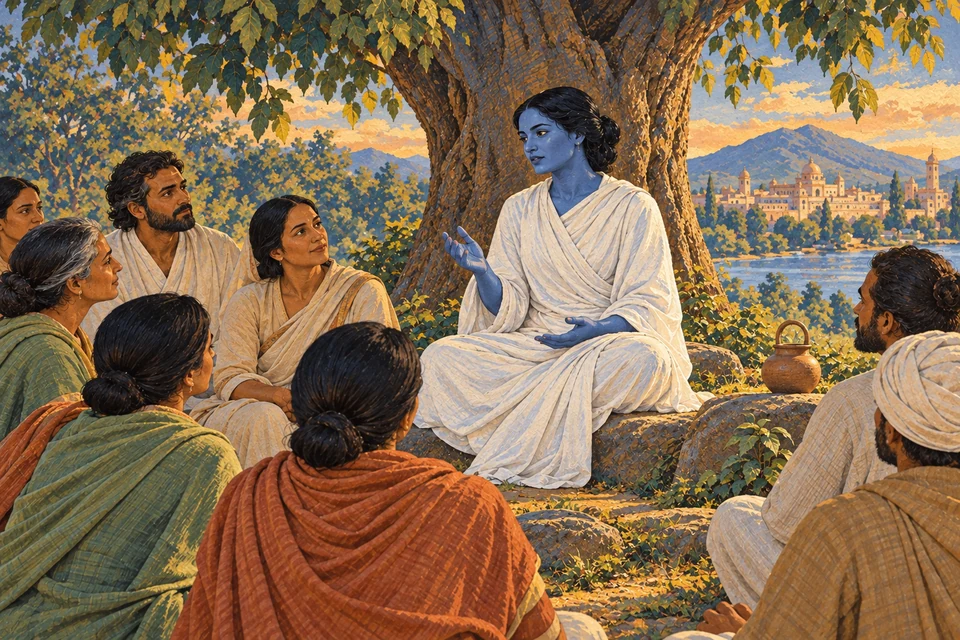 Eine blau dargestellte Frau im weißen Gewand spricht unter einem Baum zu sitzenden Frauen und Männern. Seitlich steht ein Wassergefäß; im Hintergrund liegen Fluss und Stadt.