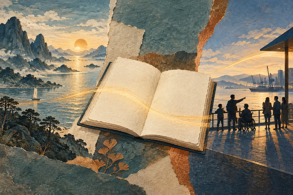 Drei getrennte visuelle Ebenen verbinden Landschaft, Text und heutige Gemeinschaft.
