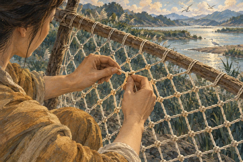 Zwei Hände knüpfen ein Netz; dahinter liegen Wasser, Vegetation und eine ruhige Uferlandschaft.