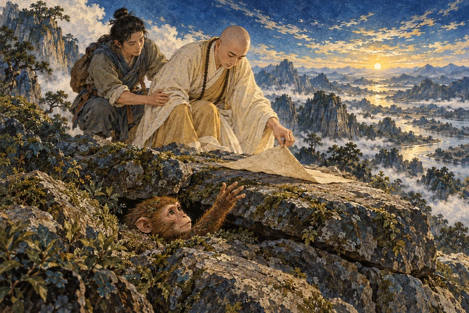 Ein Mönch löst eine Papierauflage am Felsen; ein Helfer stützt ihn, während ein Affenkopf unter den Steinen sichtbar ist.