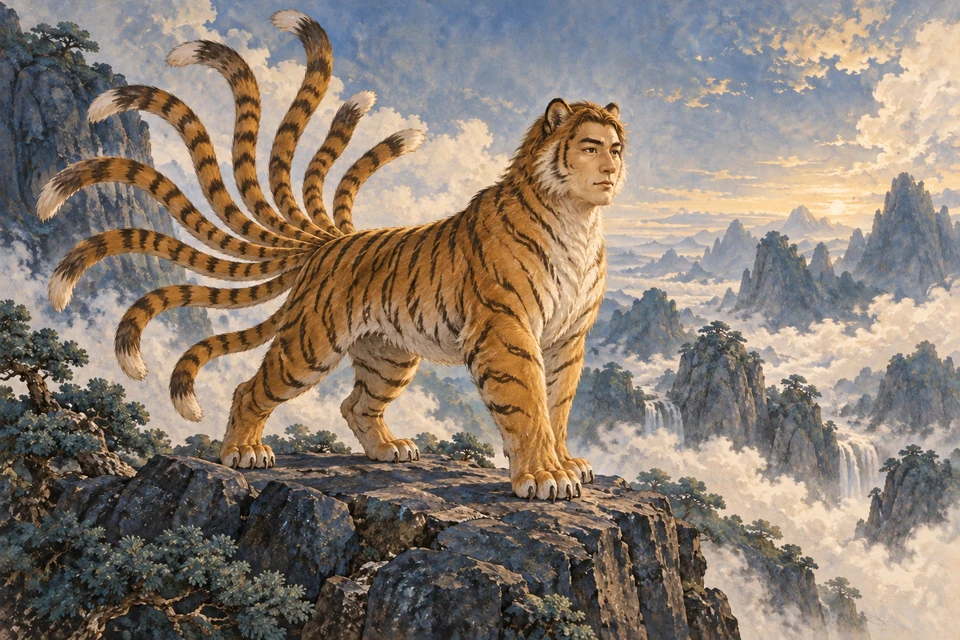 Ein Hüter mit Tigerkörper, menschlichem Gesicht und neun getrennten Schwänzen steht in einer felsigen Berglandschaft.
