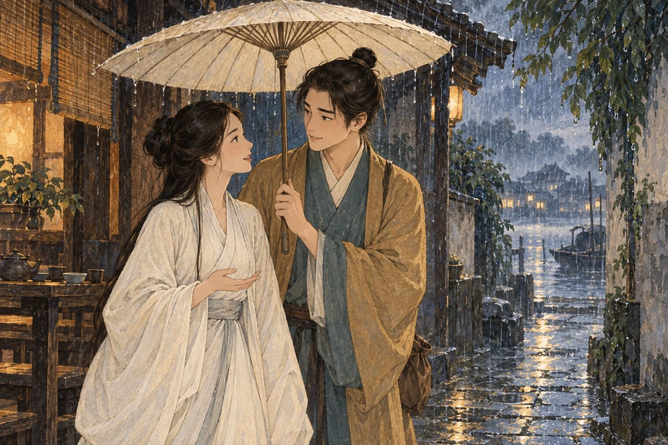Bai Niangzi und Xu Xuan begegnen sich am regennassen Teeladen und teilen einen Schirm.