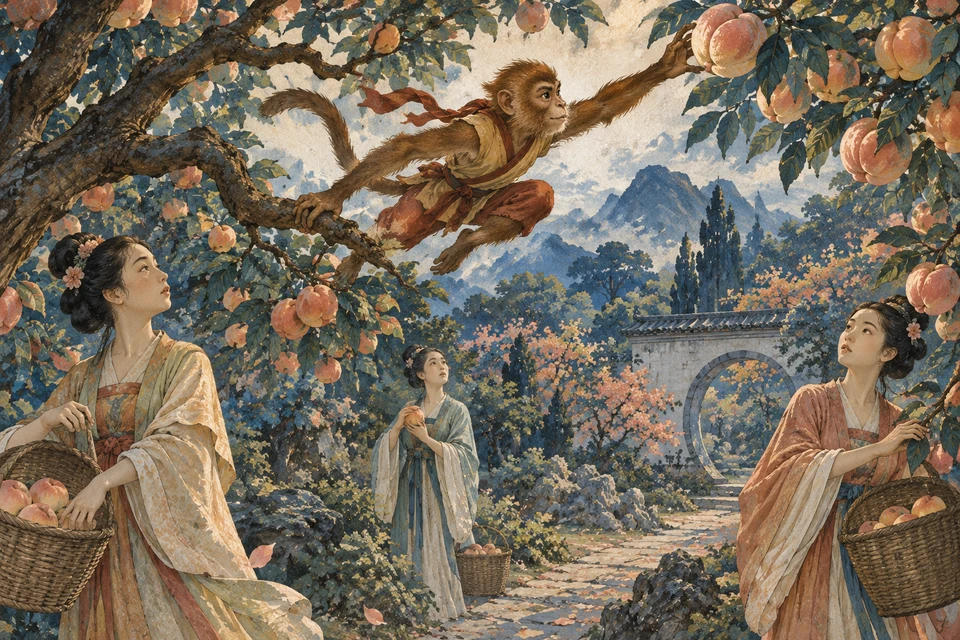 Wukong bewegt sich zwischen Pfirsichzweigen; Dienerinnen mit Körben stehen auffallend reglos im Garten.