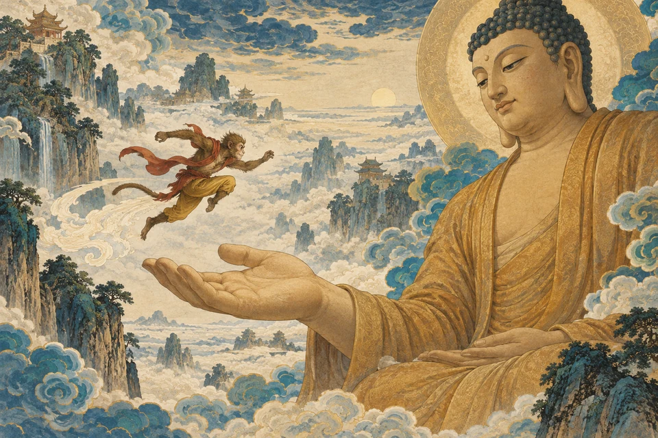 Wukong springt über einer offenen Hand; der Buddha sitzt ruhig vor einer weiten Wolkenlandschaft.