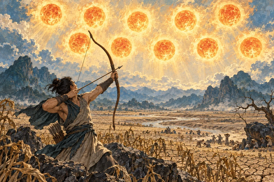 Ein Bogenschütze zielt in einen von mehreren Sonnen erhitzten Himmel über verdorrten Feldern.