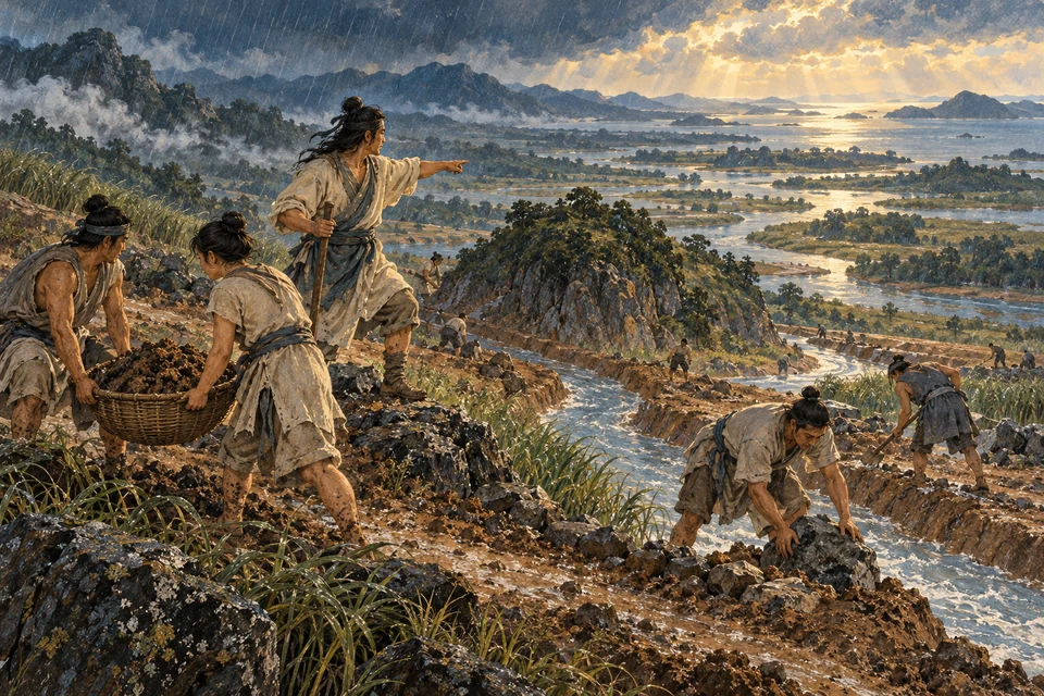 Mehrere Menschen arbeiten an verzweigten Wasserwegen in einer weiten, vom Regen geprägten Landschaft.