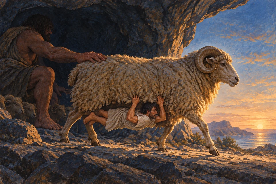 Odysseus hält sich mit beiden Händen im Bauchfell eines großen lebenden Widders; darüber tastet Polyphem dessen Rücken.