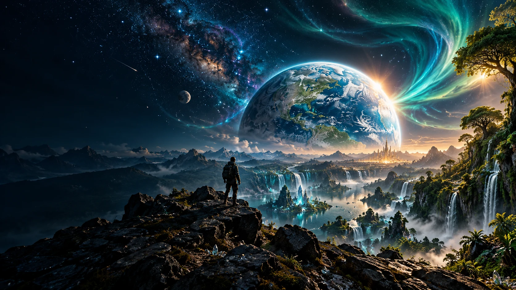 Künstlerische Landschaft mit Explorer, leuchtendem Planeten, Wasserfällen und Polarlicht