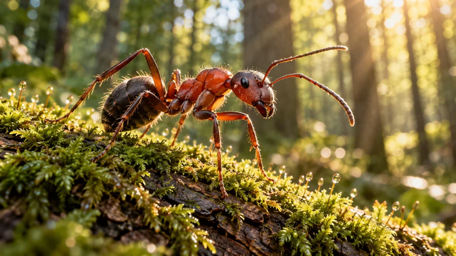 Rötlich-braune Ameise mit dunklem Hinterleib auf einem moosbewachsenen Zweig im Wald.