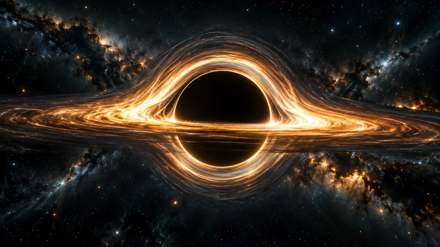 Künstlerische Visualisierung eines schwarzen Lochs mit dunklem Schatten und durch Gravitation verzerrter leuchtender Akkretionsscheibe.