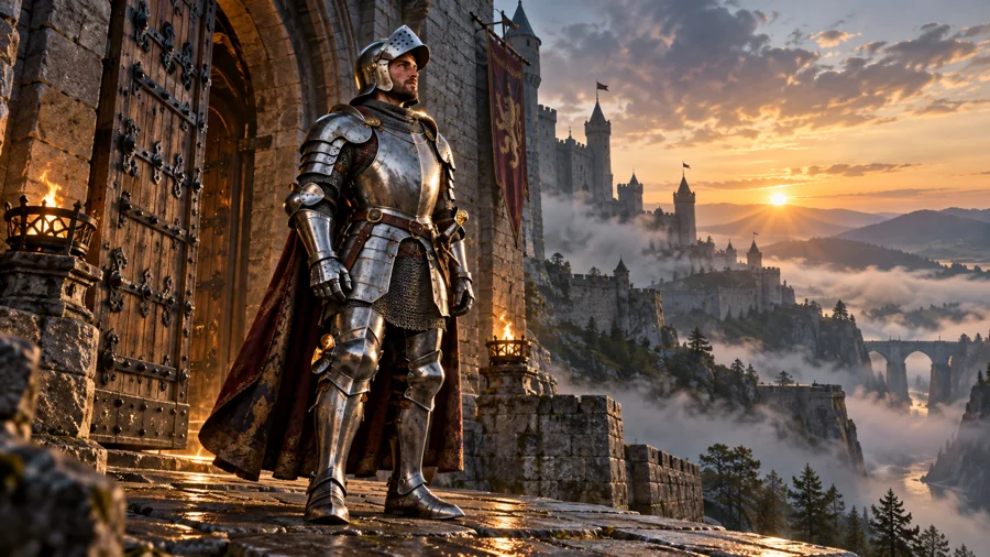 Künstlerischer Ritter in gegliedertem Plattenharnisch vor einer Burg bei Sonnenaufgang.
