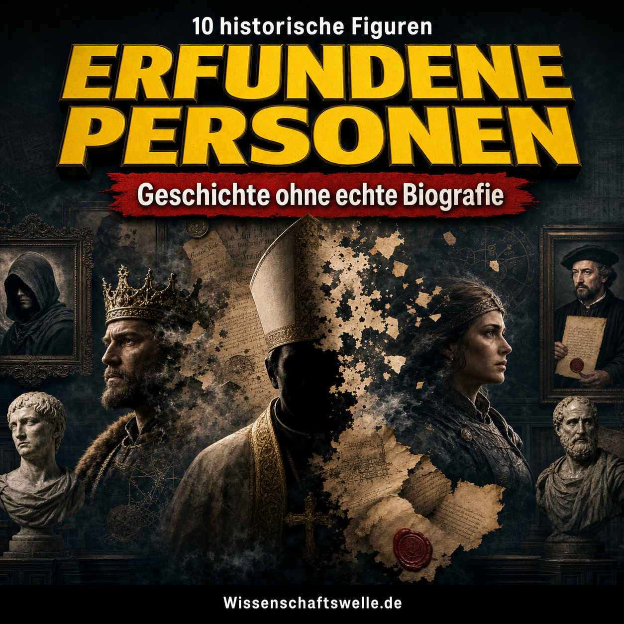 Quadratisches Wissenschaftswelle-Cover mit einer dunklen Galerie scheinbar historischer Porträts, die an den Rändern in Pergament, Rauch und Kartenlinien zerfallen, darüber die gelbe Überschrift „Erfundene Personen“ und im roten Banner „Geschichte ohne echte Biografie“.