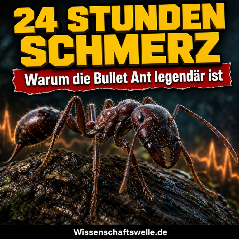 Quadratisches Cover mit einer bedrohlich nah gezeigten Bullet Ant auf dunkler tropischer Rinde, gelber Überschrift „24 Stunden Schmerz“ und rotem Banner mit dem Text „Warum die Bullet Ant legendär ist“.