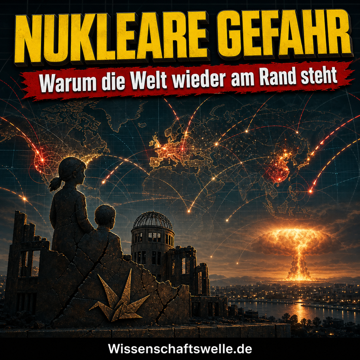 Ein monumenthaftes Hiroshima-Silhouettenmotiv vor einer düsteren Weltkarte mit Warnlinien und atomarem Glühen als Symbol für die neue nukleare Unsicherheit.