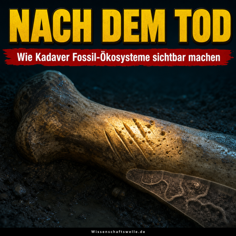 Dinosaurierknochen im Sediment mit sichtbaren Fraßrillen und Insektenbohrungen, als Symbol für die Spuren einer fossilen Aasgemeinschaft.