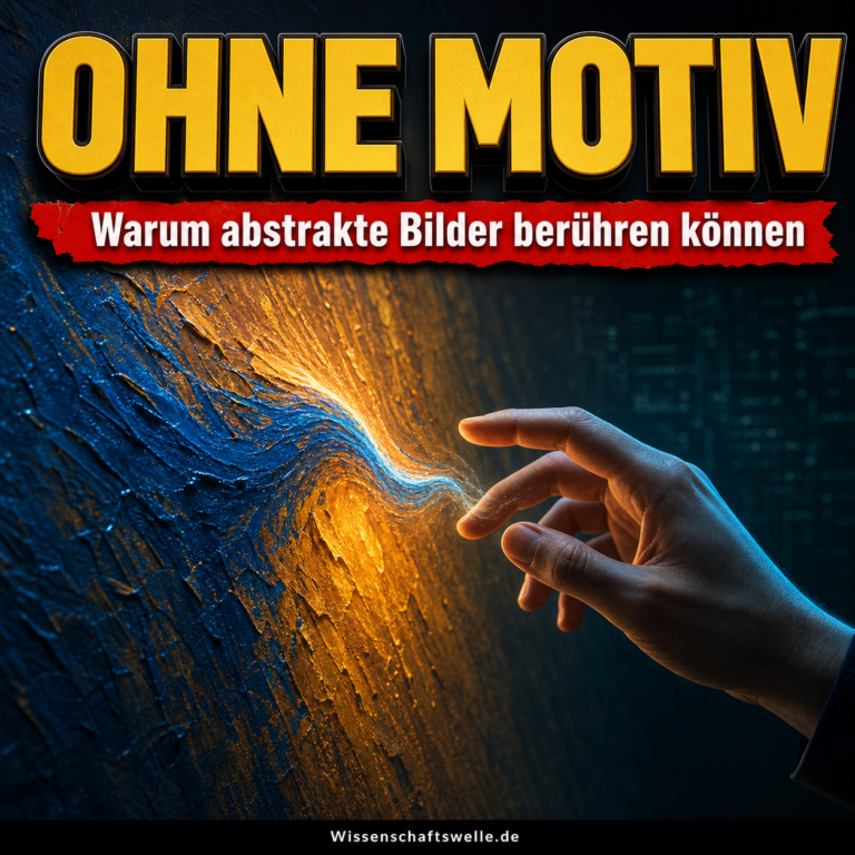 Eine Hand schwebt vor einem abstrakten blau-ockerfarbenen Gemälde, dessen strukturierte Farblinie sich zu einer hellen Welle verdichtet.