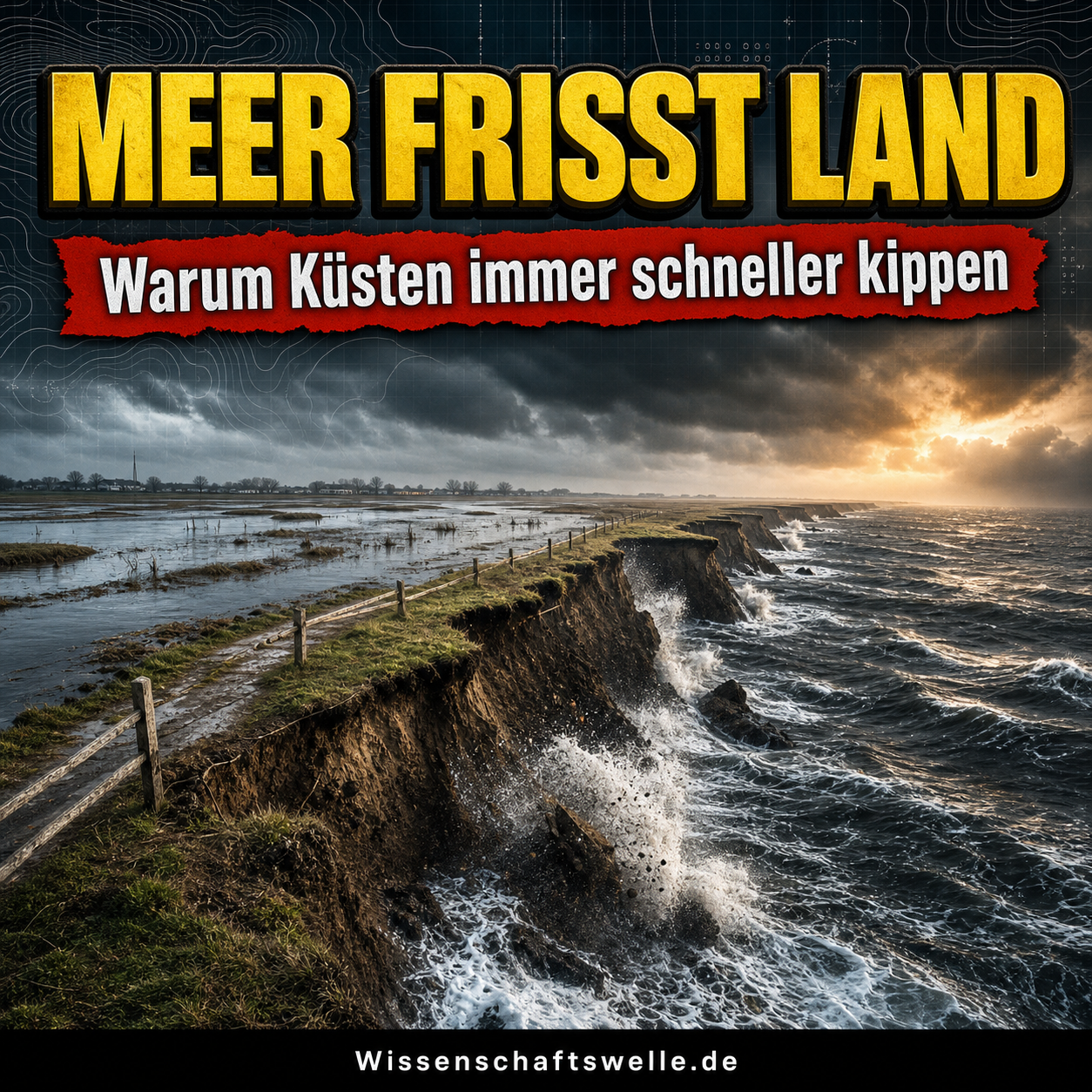 Quadratisches Wissenschaftswelle-Cover mit dramatischer, erodierender Küstenlinie, brechenden Wellen vor abbrechendem Land, gelber Headline zum Küstenalarm, rotem Banner zur Landverlust-Dynamik und kleinem Wissenschaftswelle.de-Footer.