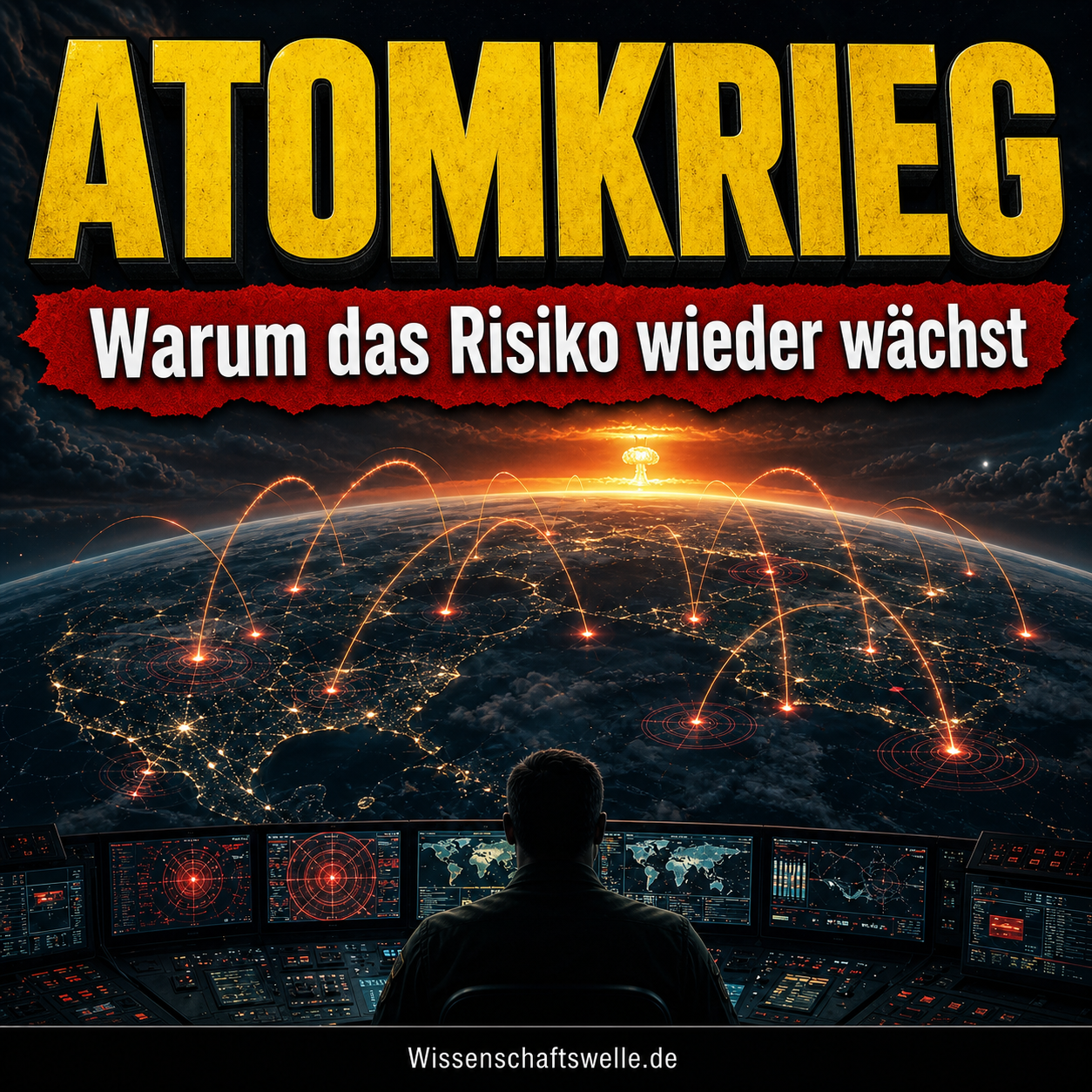 Quadratisches Cover mit einer angespannten Weltkarte, einer leuchtenden Raketen-Silhouette und rot markierten Eskalationslinien, dazu die Überschrift „Am Rand des Undenkbaren“ und der Banner „Warum Atomkriegsrisiko wieder wächst“.