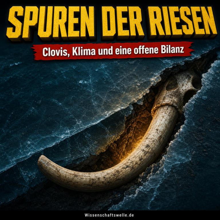 Ein Mammutstoßzahn wird in einem aufbrechenden Eis- und Sedimentspalt sichtbar; darüber steht der Cover-Hook Spuren der Riesen.
