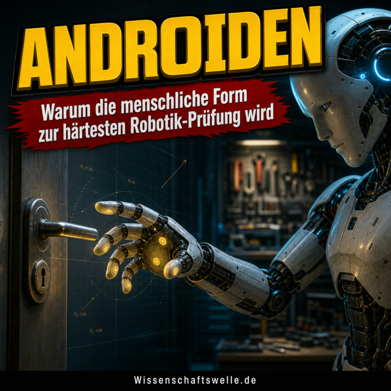 Ein menschenähnlicher Roboter greift nach einer Türklinke, während Datenlinien und Werkzeuge die menschennormierte Umgebung sichtbar machen.