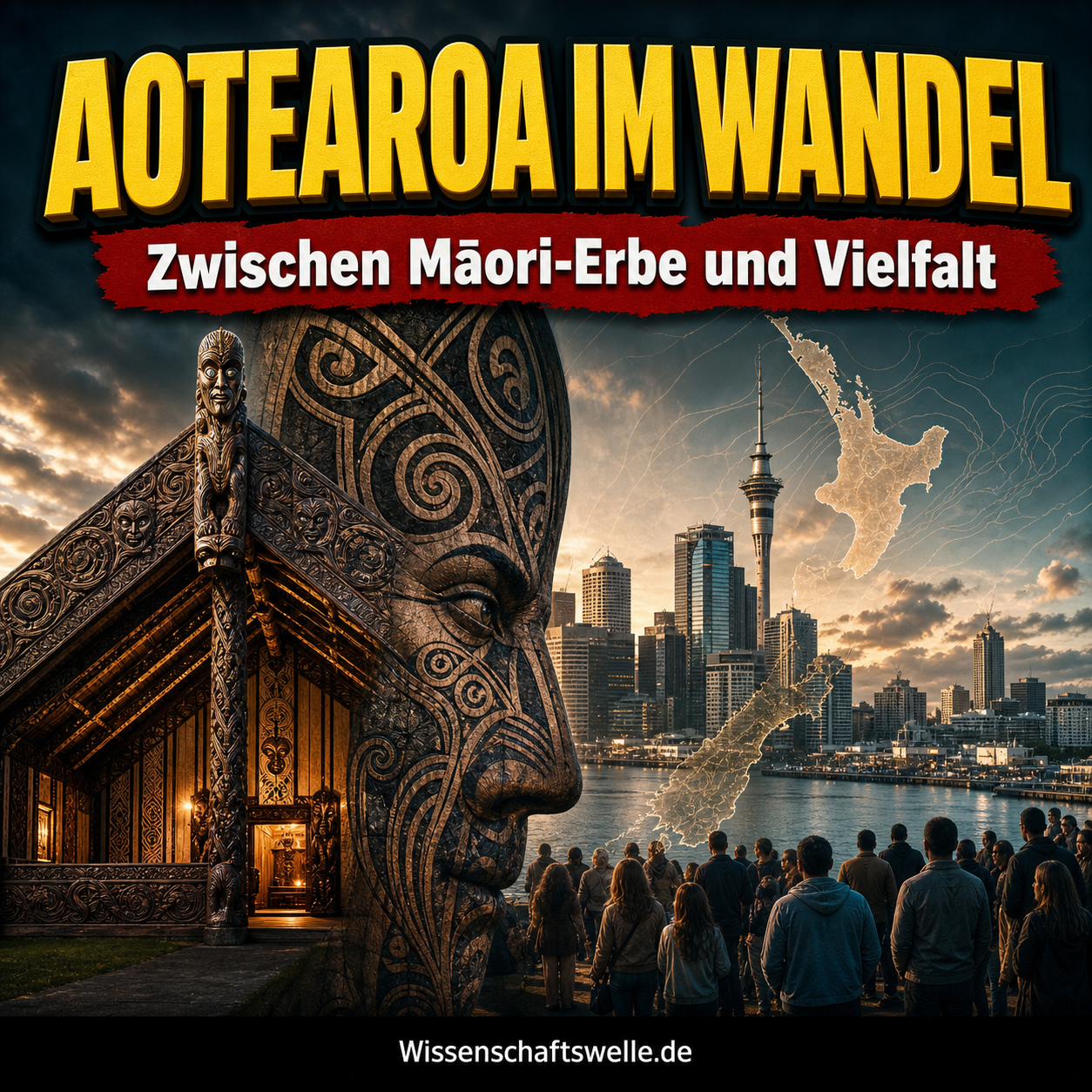 Titelbild mit Māori-Schnitzkunst, stilisiertem Gesicht, Skyline von Auckland und Karte Neuseelands als Sinnbild für Aotearoas Spannungsfeld zwischen indigener Geschichte und moderner Vielfalt