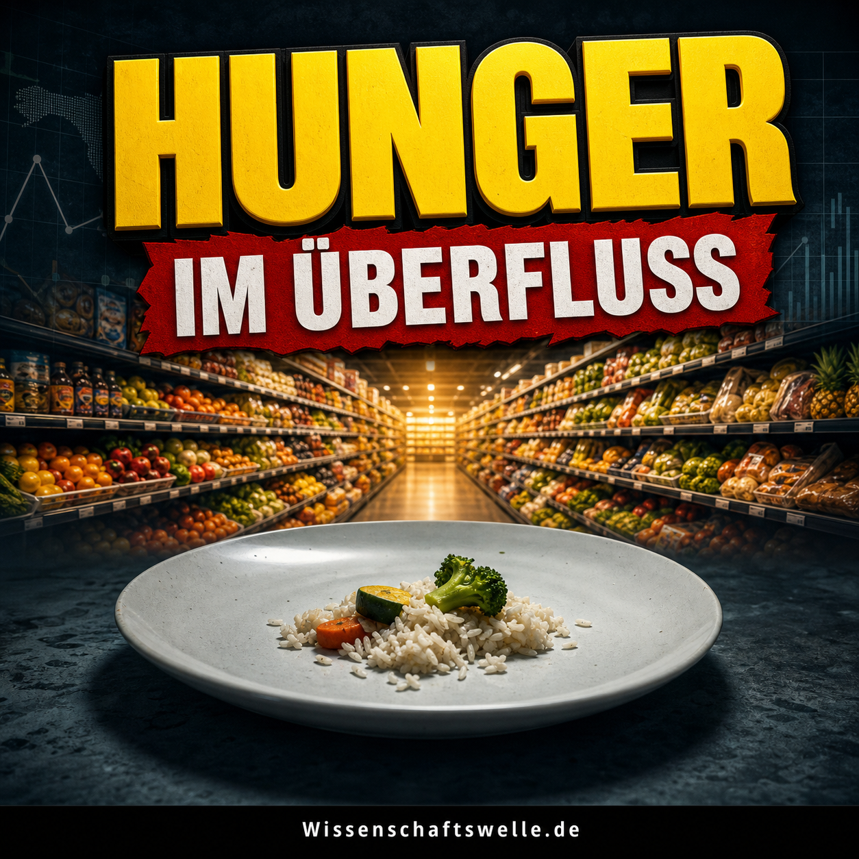 Plastikteller mit wenigen Reis- und Gemüsekörnern vor einem hell ausgeleuchteten Supermarktregal als Bild für Hunger im Überfluss