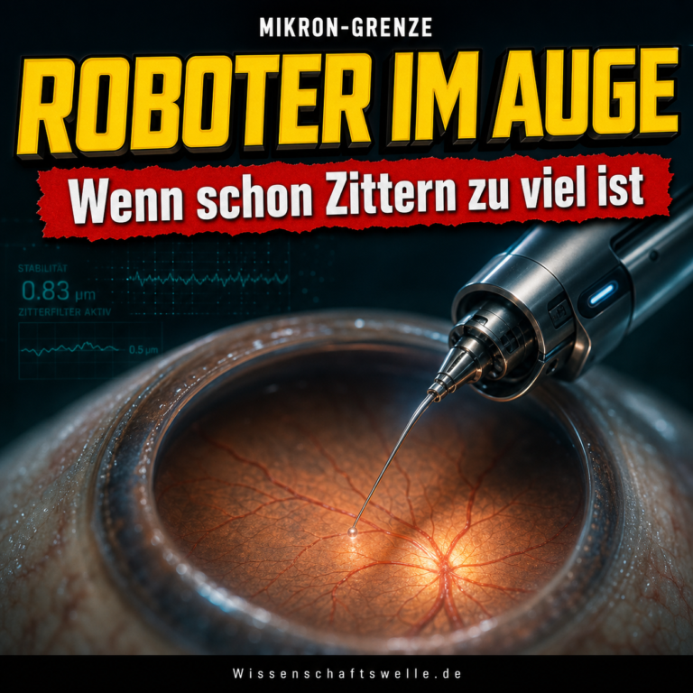 Makroansicht eines robotisch geführten Mikroinstruments über einer beleuchteten Netzhaut unter Operationsmikroskop.
