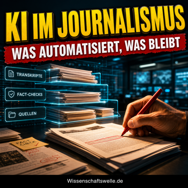 Wissenschaftswelle-Cover mit der Überschrift KI im Journalismus, rotem Banner und einer Newsroom-Szene, in der digitale Dokumentenstapel leuchten, während eine Hand mit rotem Stift eine Quelle prüft.