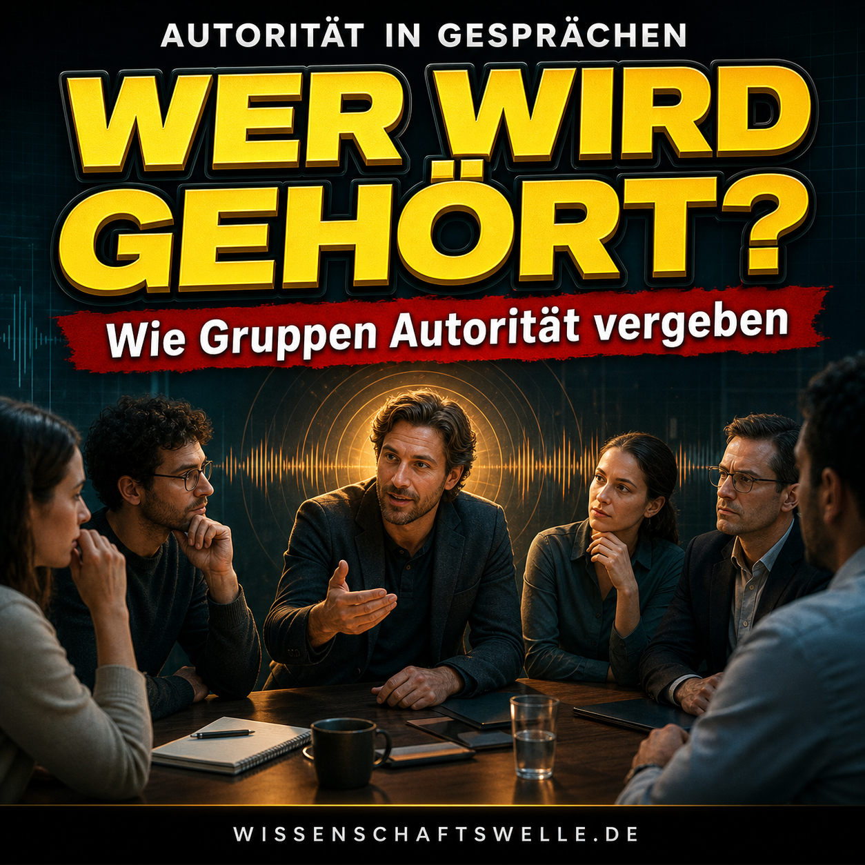 Quadratisches Wissenschaftswelle-Cover mit einer Gesprächsrunde im Halbdunkel, in deren Mitte eine selbstsicher sprechende Person im warmen Licht steht, während andere Gesichter aufmerksam, skeptisch oder zurückhaltend reagieren; darüber die gelbe Headline zur Autorität in Gesprächen und darunter ein roter Banner zur Macht von Redezeit und Statussignalen.