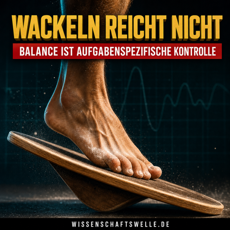 Nahaufnahme eines Fußes, der auf einem gekippten hölzernen Balancebrett Stabilität hält.