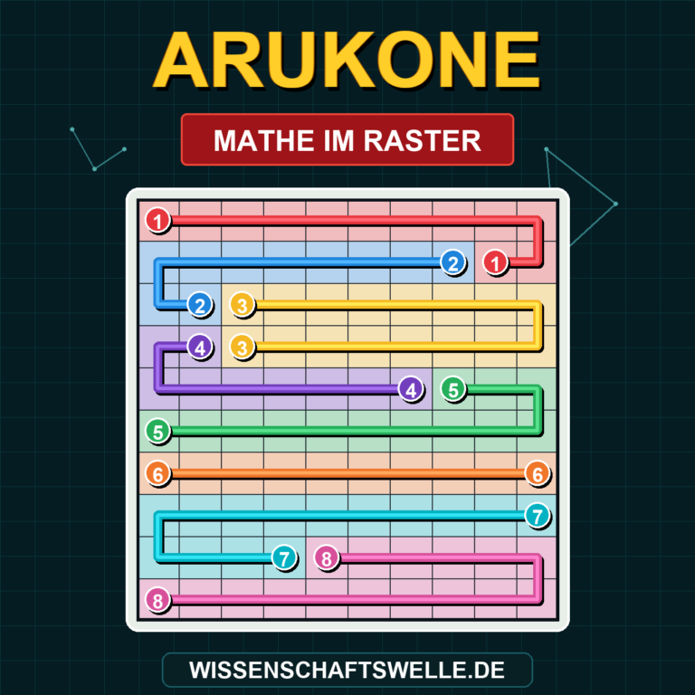 Buntes Arukone-Raster mit verbundenen Zahlenpaaren und der Überschrift Arukone