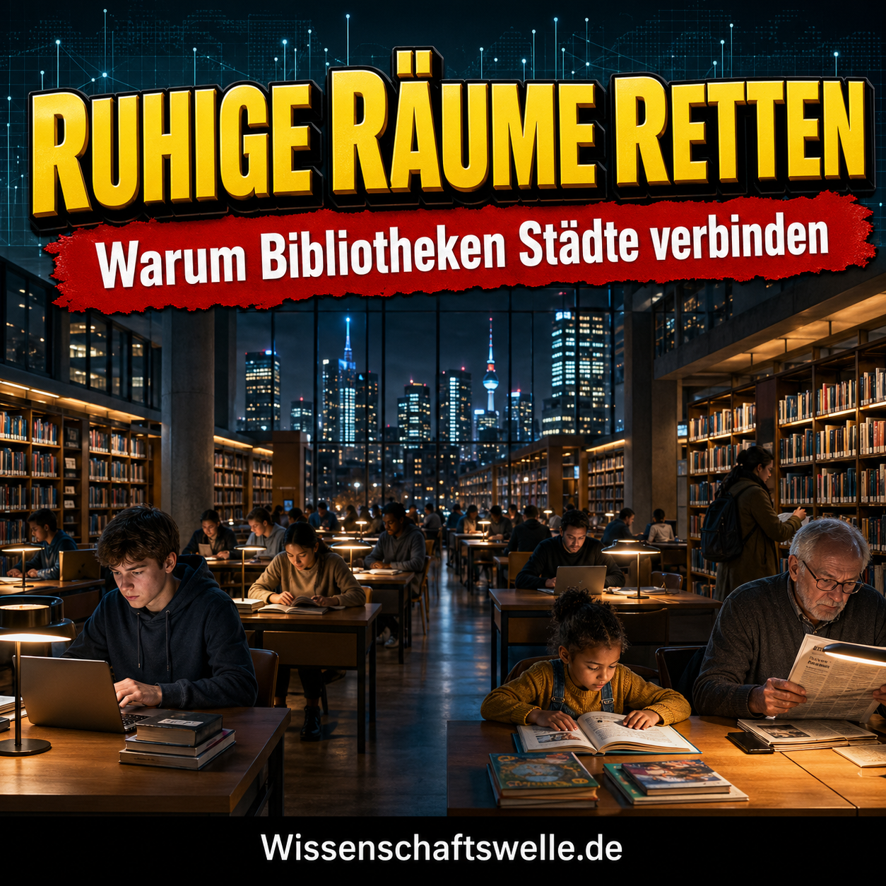 Moderne öffentliche Bibliothek bei Nacht mit lesenden Menschen verschiedener Generationen an beleuchteten Tischen vor einer Stadtsilhouette.