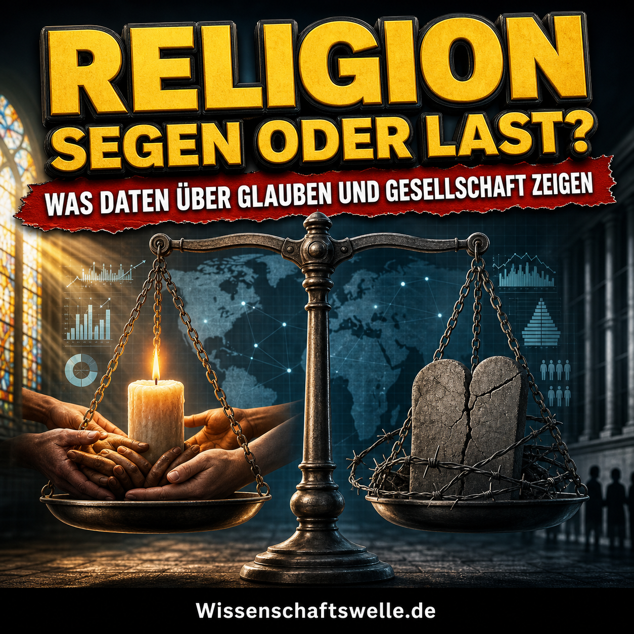 Quadratisches Cover mit einer metallischen Waage im Zentrum: Auf der einen Seite leuchten Kerze und helfende Hände, auf der anderen liegen eine rissige Gesetzestafel und harte Stacheldrahtschatten. Darüber stehen die gelben 3D-Worte „Religion“ und „Segen oder Last?“, darunter ein rotes Banner mit dem Satz „Was Daten über Glauben und Gesellschaft zeigen“.