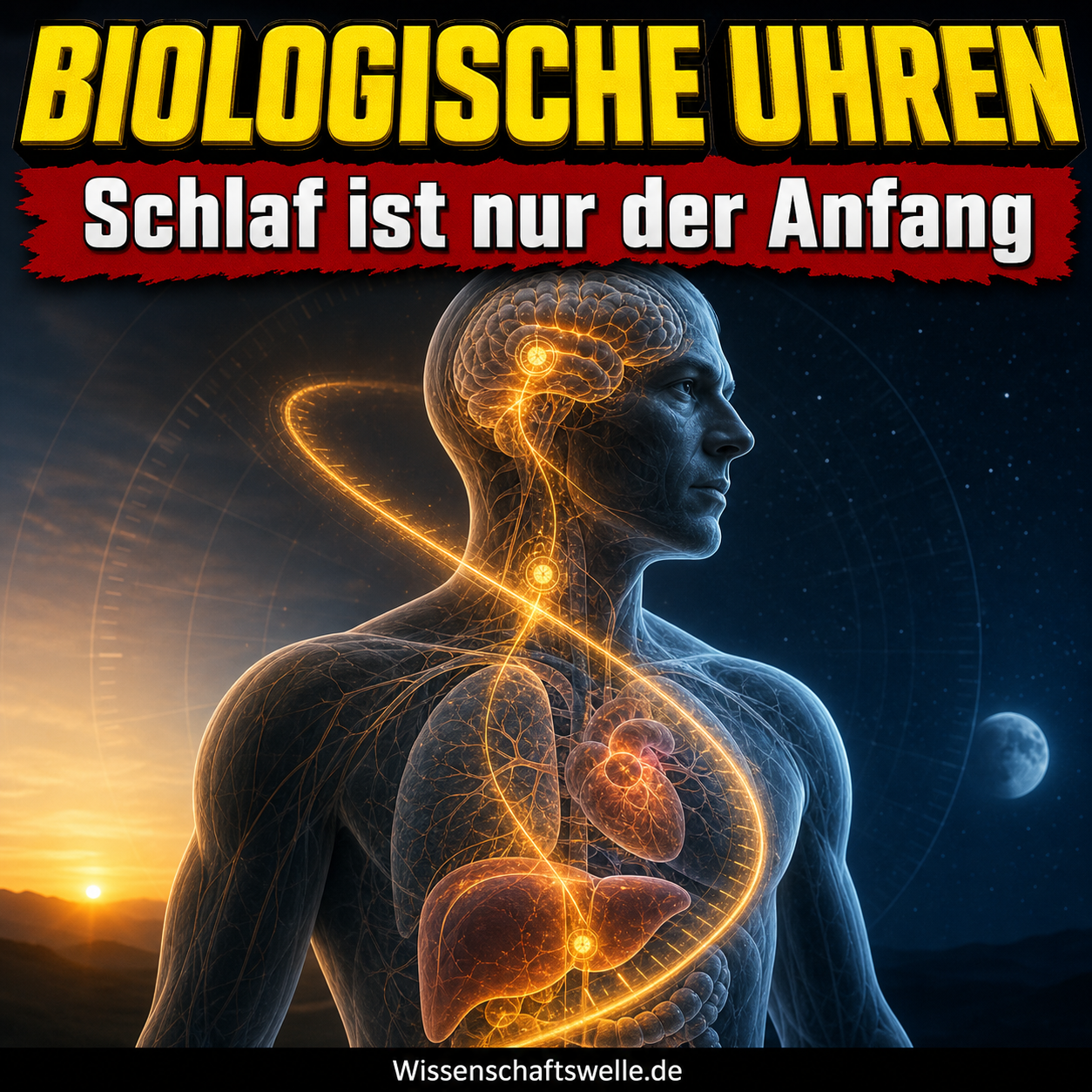 Halbtransparentes menschliches Profil mit leuchtendem Zeitring durch Gehirn und Oberkörper, dazu die Beschriftung 'Biologische Uhren' und der Banner 'Schlaf ist nur der Anfang'.