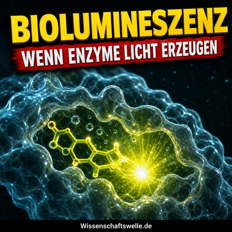 Leuchtendes gelbgrünes Molekül im Inneren eines transparenten Enzyms, aus dem im Moment der Biolumineszenz ein Lichtblitz austritt.