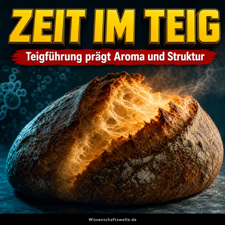 Aufbrechender runder Sauerteiglaib mit leuchtender, luftiger Krume; darüber die Überschrift Zeit im Teig.