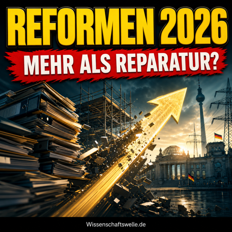 Wissenschaftswelle-Cover mit gelber Überschrift Reformen 2026, rotem Banner Mehr als Reparatur? und einem nach vorn ziehenden Pfeil vor Regierungsviertel, Akten und Baustellenlicht.