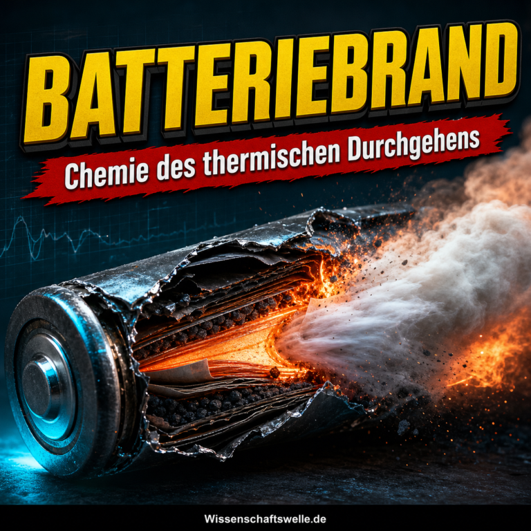 Wissenschaftswelle-Cover mit gelber Überschrift Batteriebrand, rotem Banner und einer aufgerissenen Lithium-Ionen-Zelle, aus der weiße Gase und orange Glut austreten.