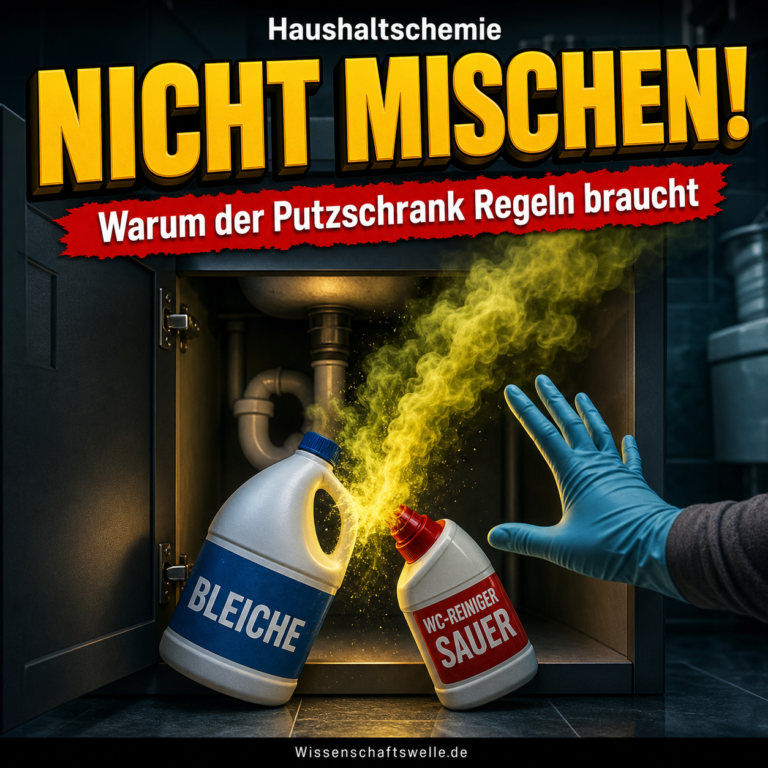 Unter einem Spülbecken kippen eine Bleicheflasche und ein saurer WC-Reiniger gegeneinander, während gelbgrünes Gas aufsteigt und eine behandschuhte Hand zurückweicht; darüber steht Nicht mischen.